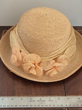 Liberty Tan Straw Cloche Hat with Peach Floral Trim